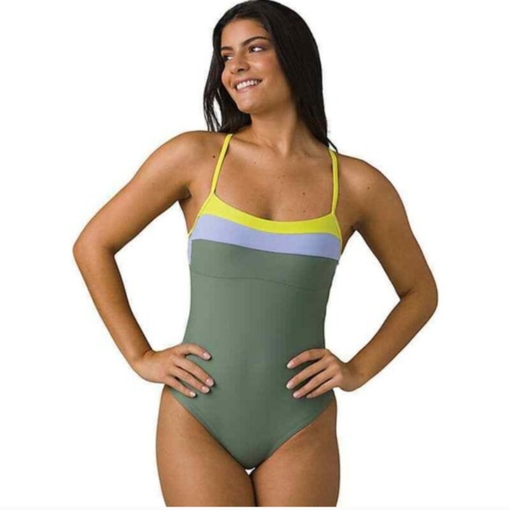 Prana Olive One-Piece Swimsuit with Yellow and Light Blue Trim